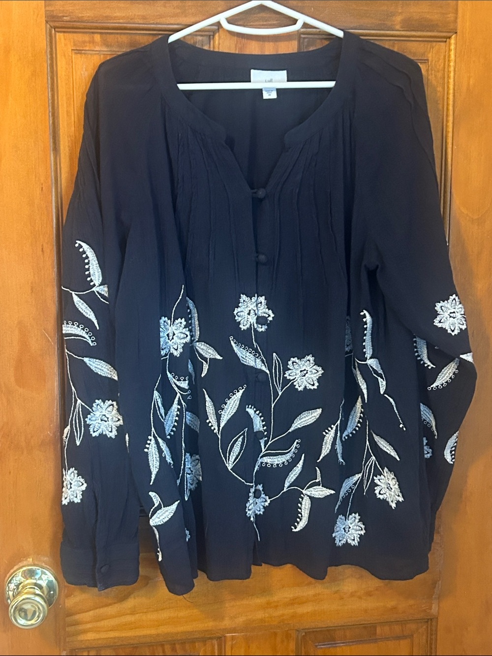 J. Jill Navy Blue White Floral Embroidery Gauze Flowing Top Women's Size XS
